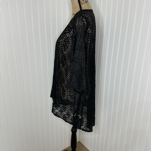 Black Lace Kimono Cardigan LuLaRoe Sz M Open Front Sheer Cover Up Boho Festival - Picture 4 of 14